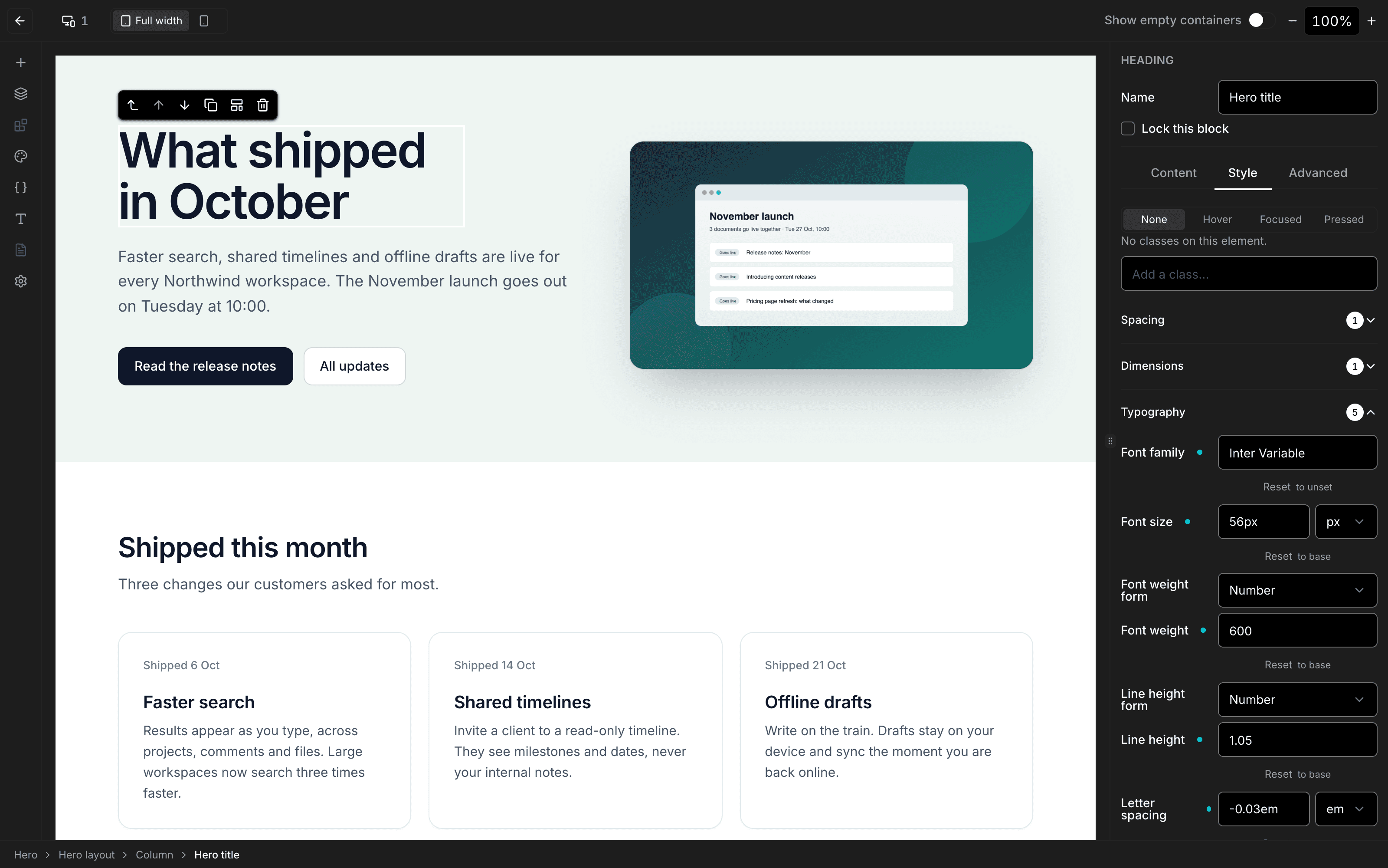 The Visual Page Builder in the Nextly admin: a product-updates page on the canvas, with its heading selected and the Style tab showing its typography.