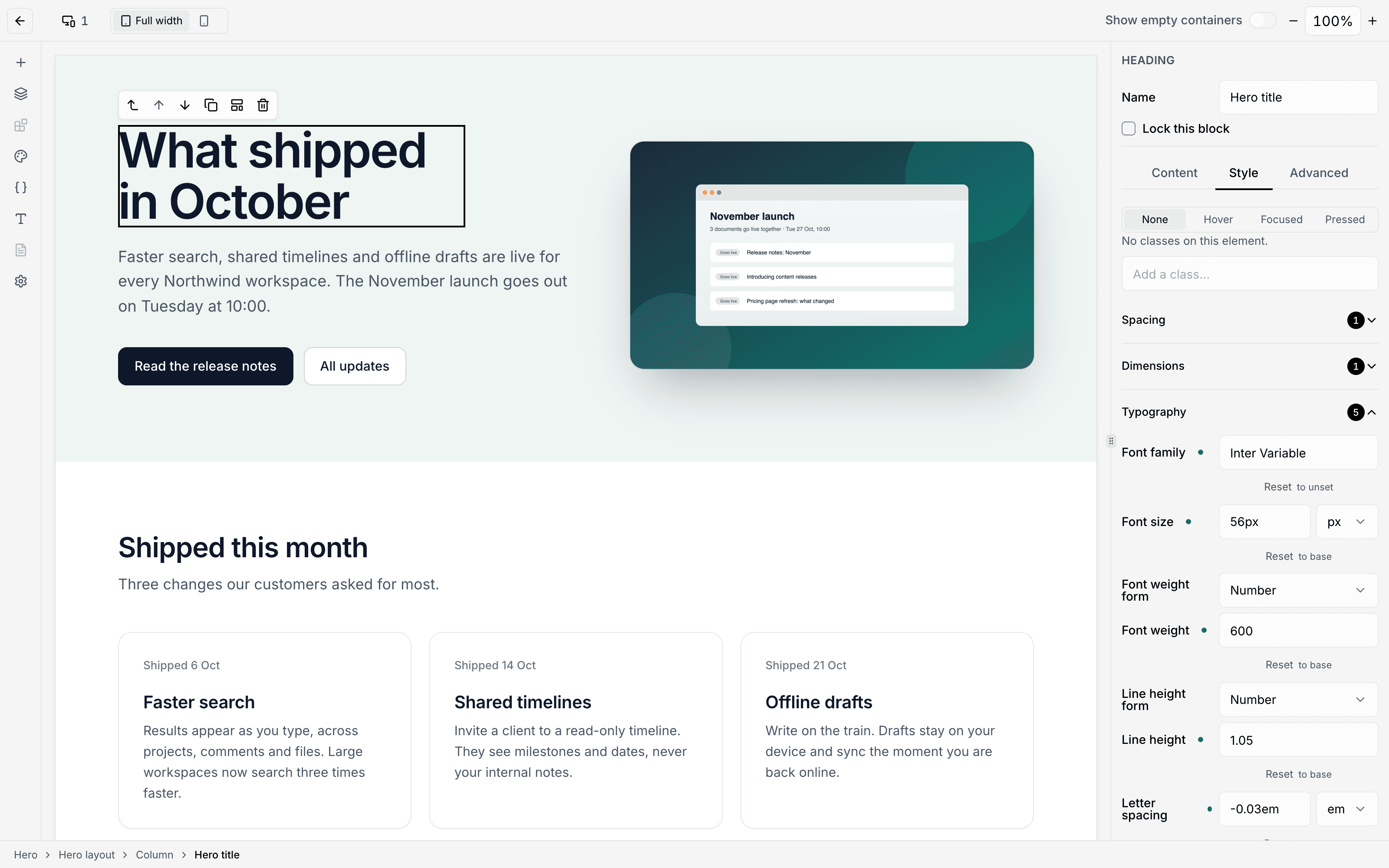 The Visual Page Builder in the Nextly admin: a product-updates page on the canvas, with its heading selected and the Style tab showing its typography.