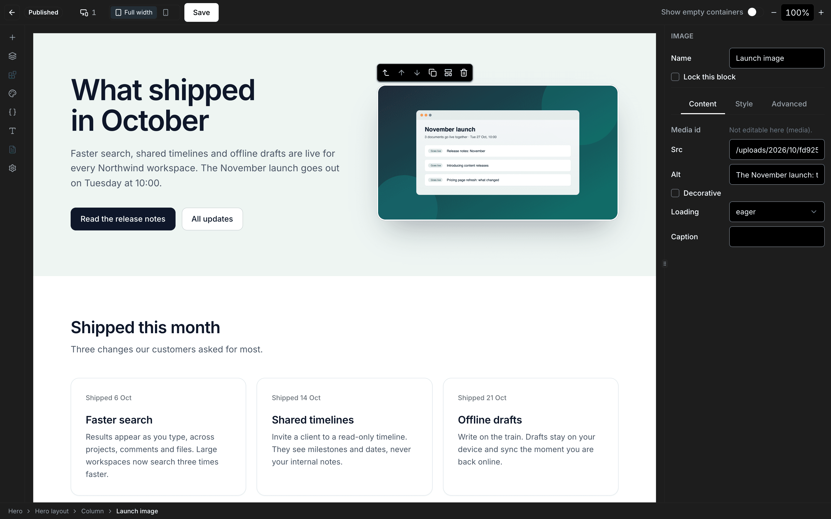 The Visual Page Builder with the hero's launch image selected: its block toolbar above it, and the Content tab showing the image's name, source, alt text, loading and caption.