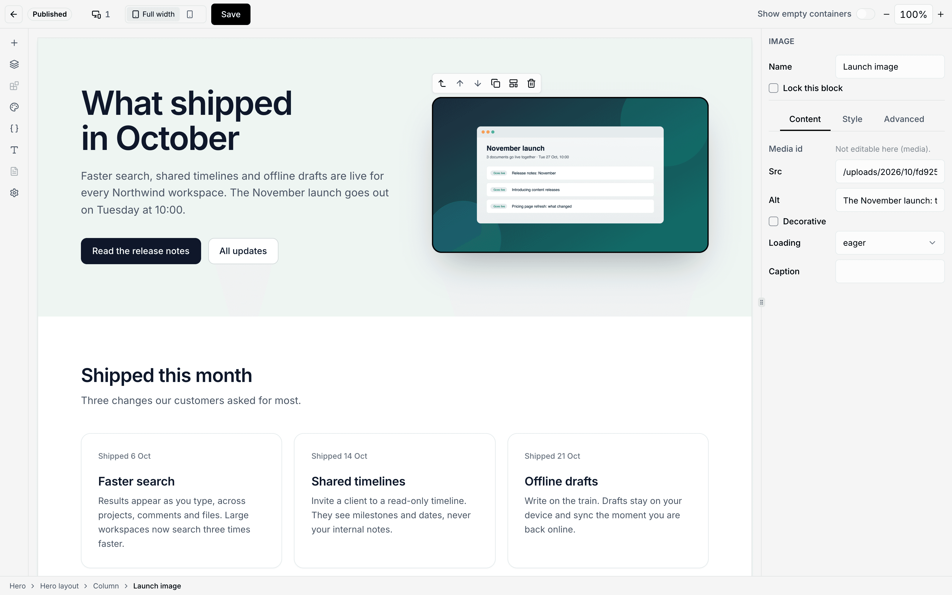 The Visual Page Builder with the hero's launch image selected: its block toolbar above it, and the Content tab showing the image's name, source, alt text, loading and caption.