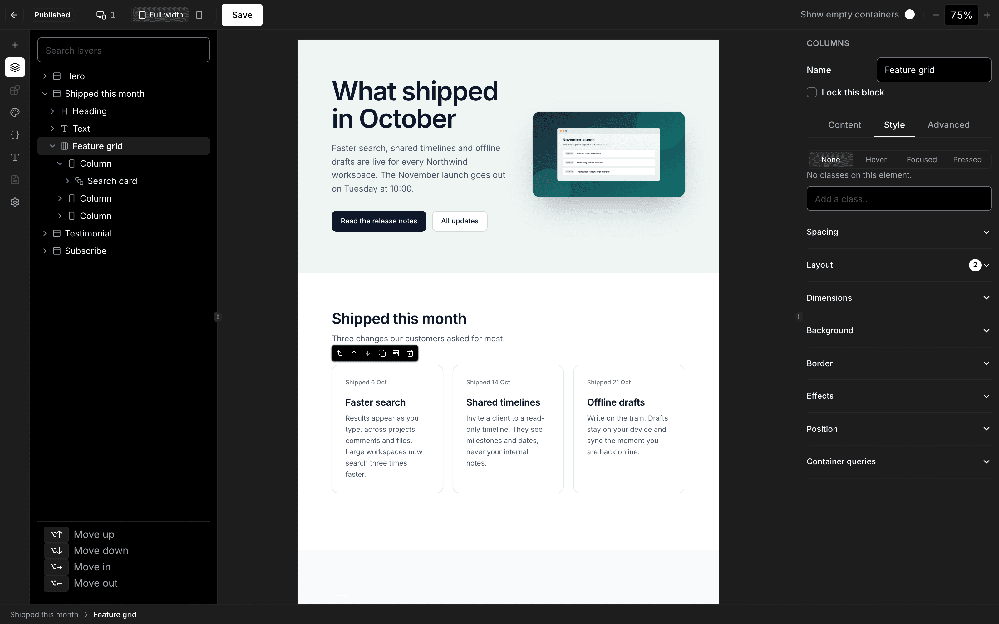 The Visual Page Builder at 75% with the layers panel open on the feature grid, the grid selected on the canvas, and the keyboard moves listed under the tree: move up, down, in and out.
