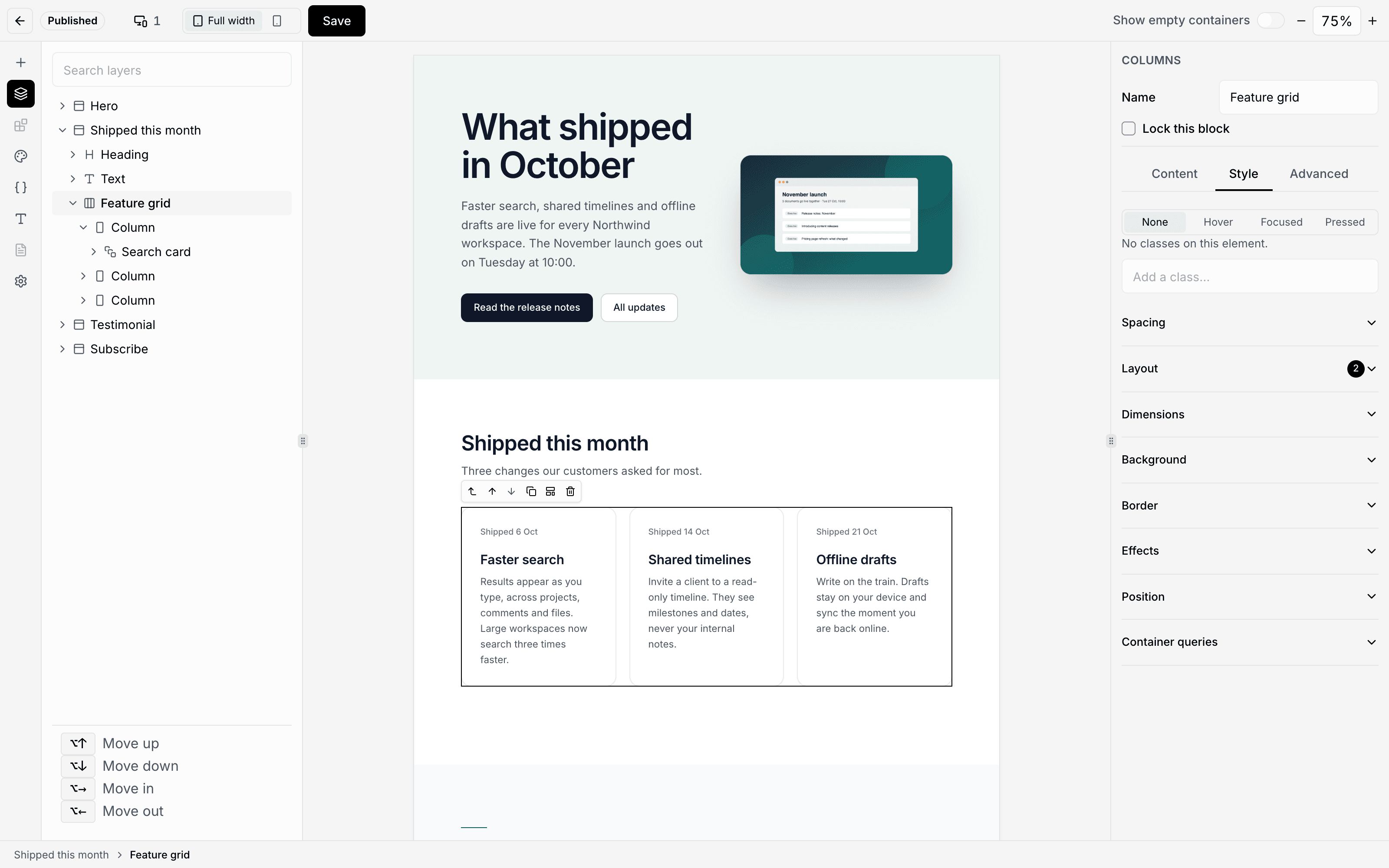 The Visual Page Builder at 75% with the layers panel open on the feature grid, the grid selected on the canvas, and the keyboard moves listed under the tree: move up, down, in and out.