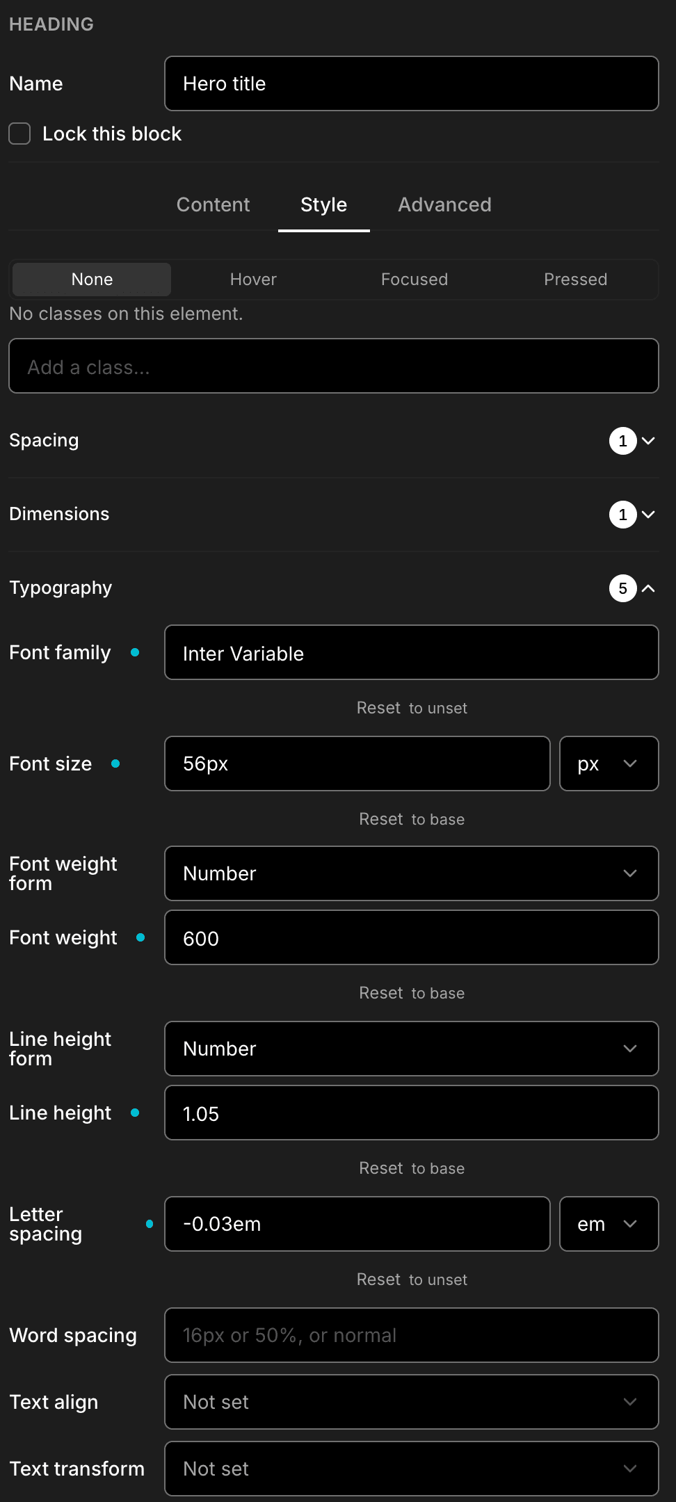 The Style tab for the selected heading: spacing and dimensions, then typography with font family, size, weight, line height, letter spacing and alignment.