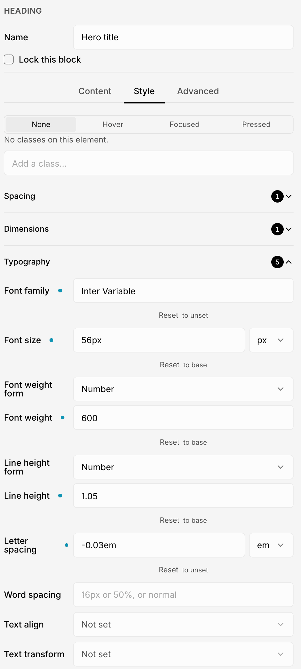 The Style tab for the selected heading: spacing and dimensions, then typography with font family, size, weight, line height, letter spacing and alignment.