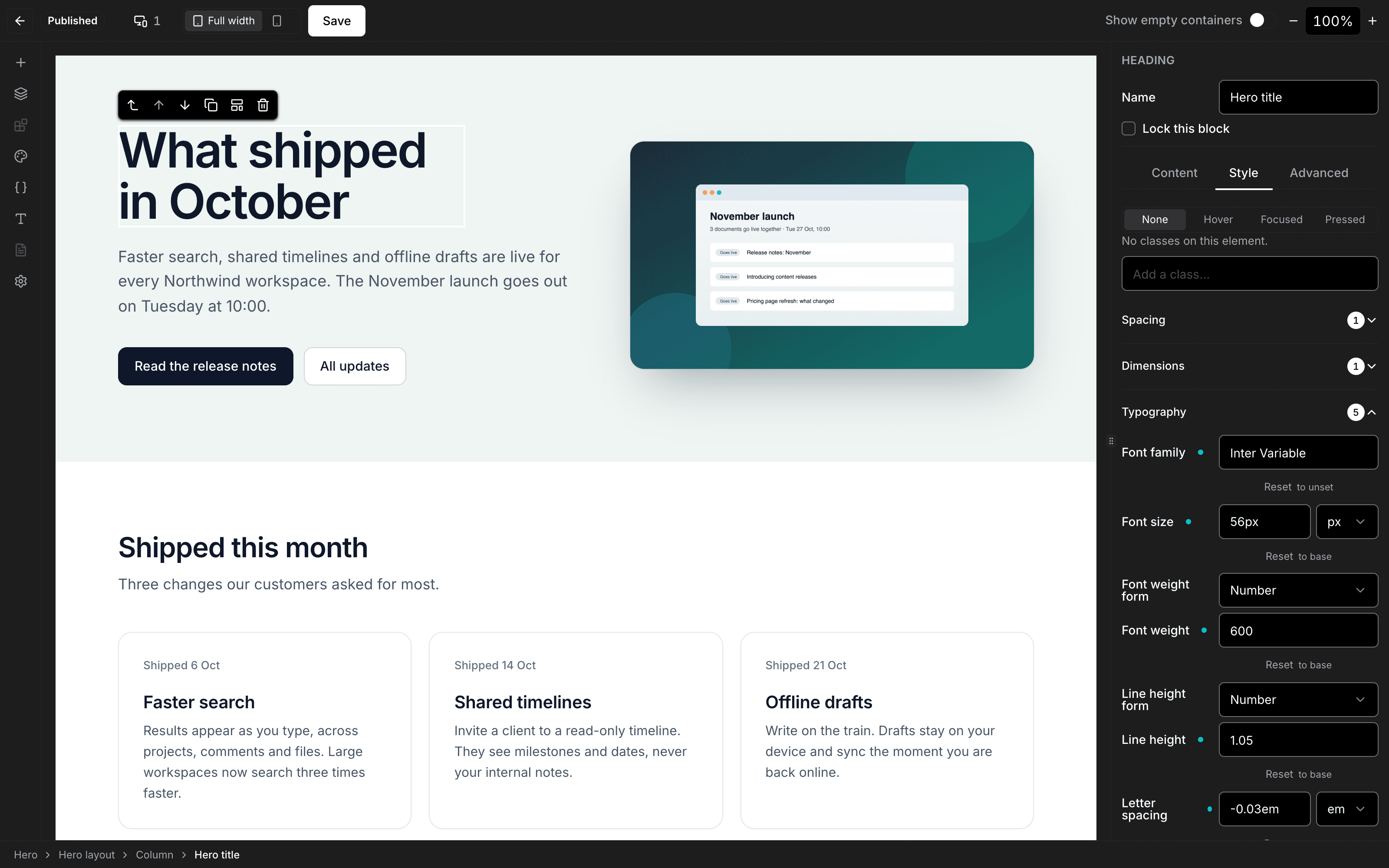 The Visual Page Builder with the heading “What shipped in October” selected, and the Style tab showing its typography: Inter Variable, 56px, weight 600.