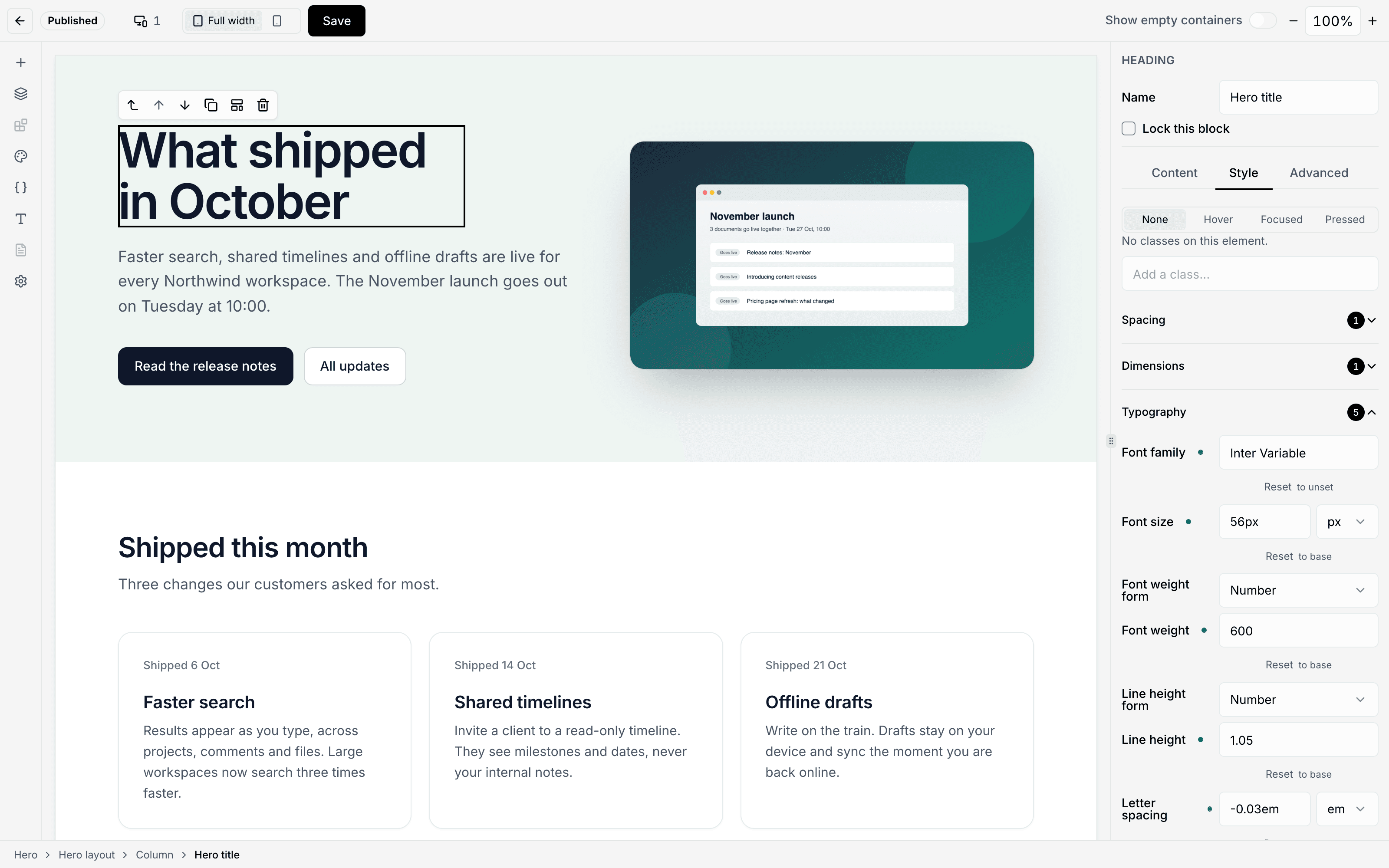The Visual Page Builder with the heading “What shipped in October” selected, and the Style tab showing its typography: Inter Variable, 56px, weight 600.