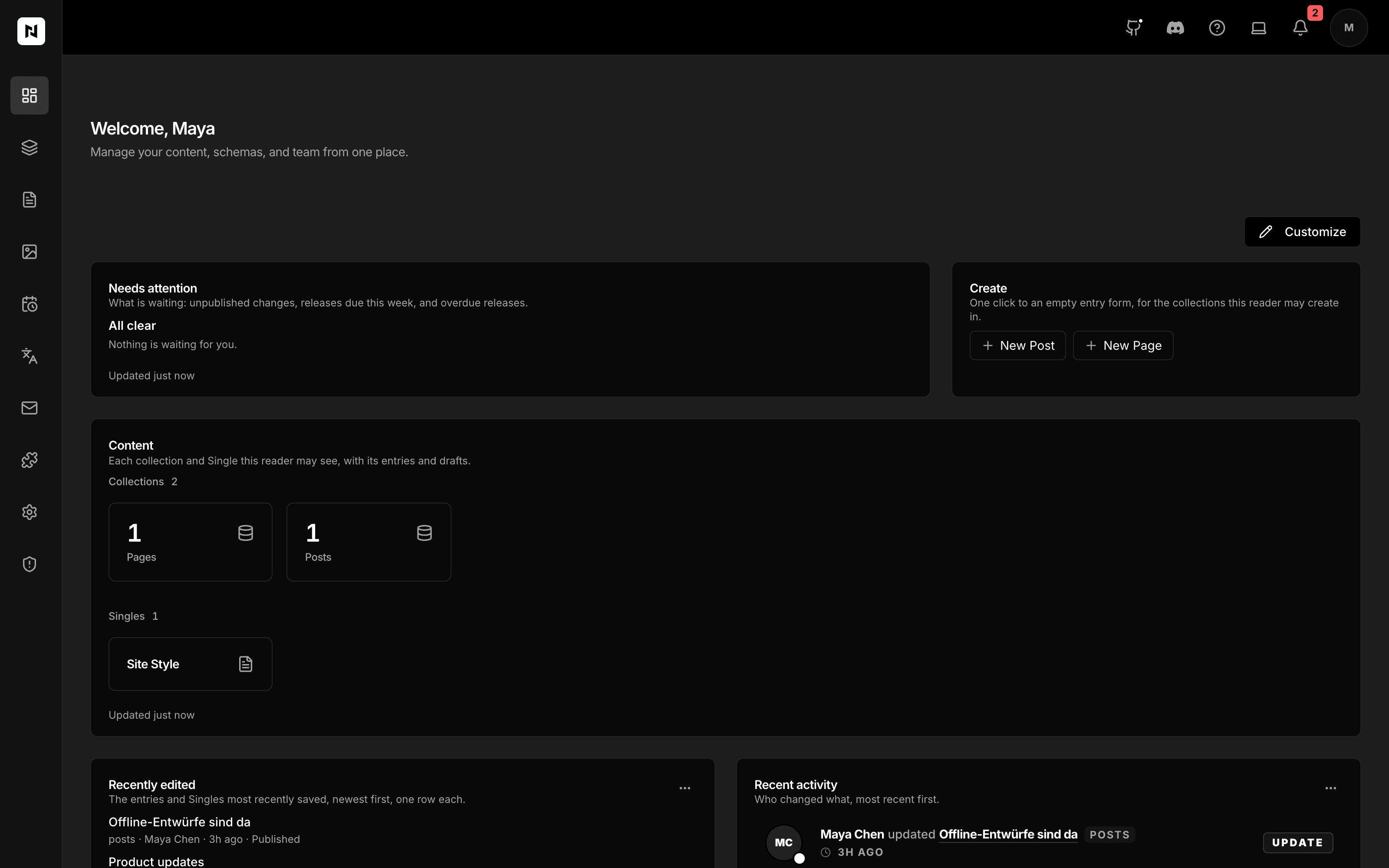 The Nextly admin dashboard: what needs attention, buttons to create a post or a page, and the Content card counting the entries in each collection and listing the singles.