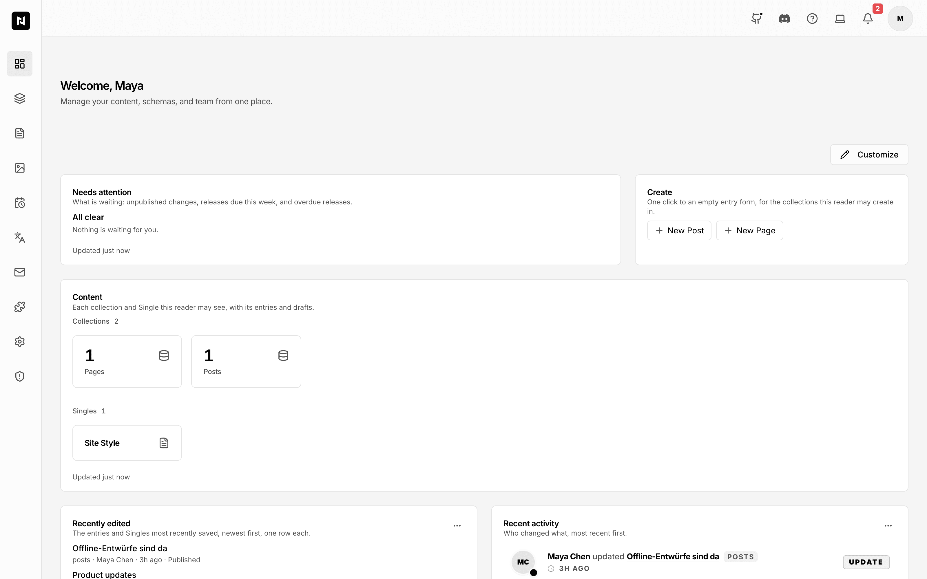 The Nextly admin dashboard: what needs attention, buttons to create a post or a page, and the Content card counting the entries in each collection and listing the singles.