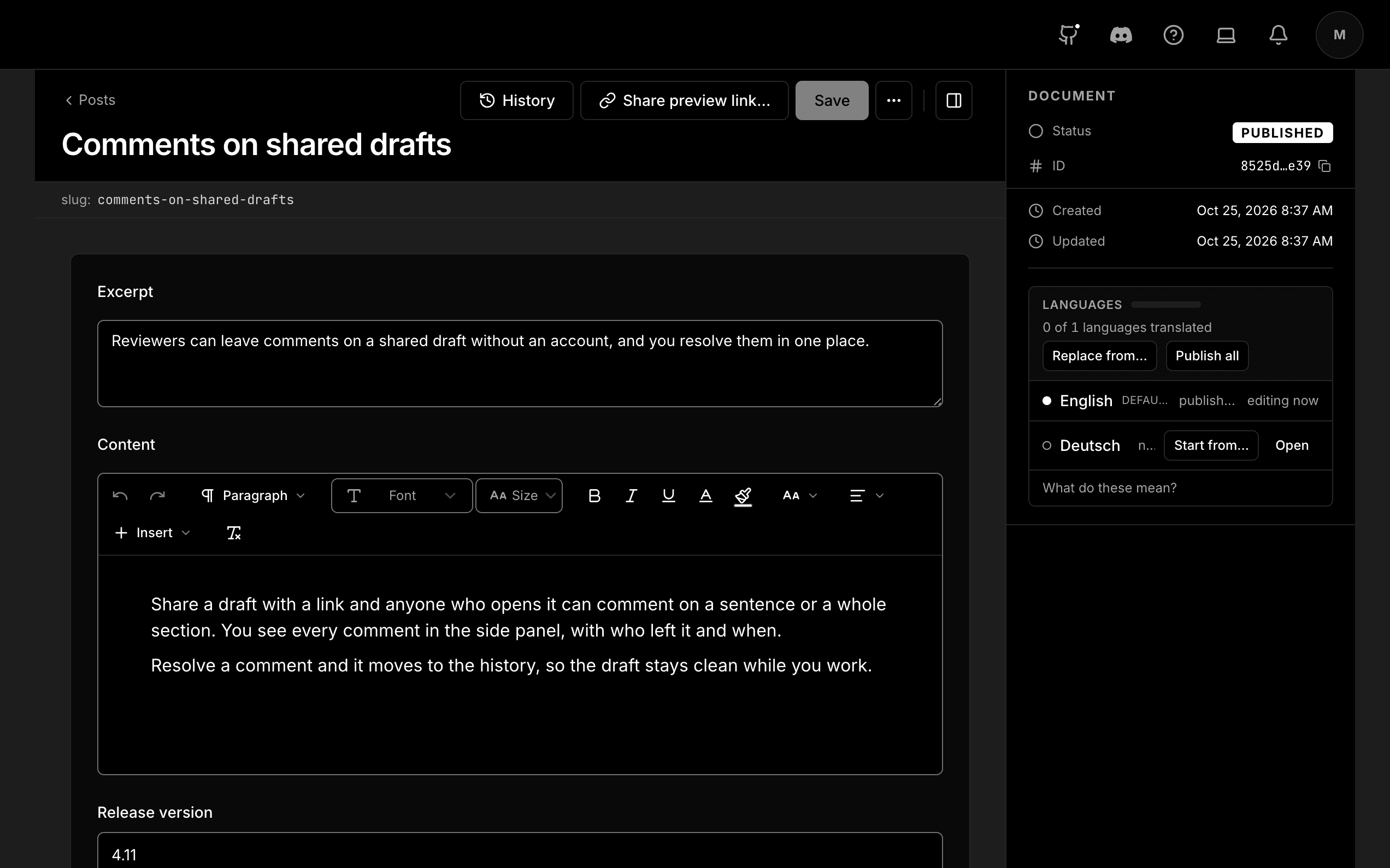 A post open in the entry editor, with its status and its languages in the document panel.