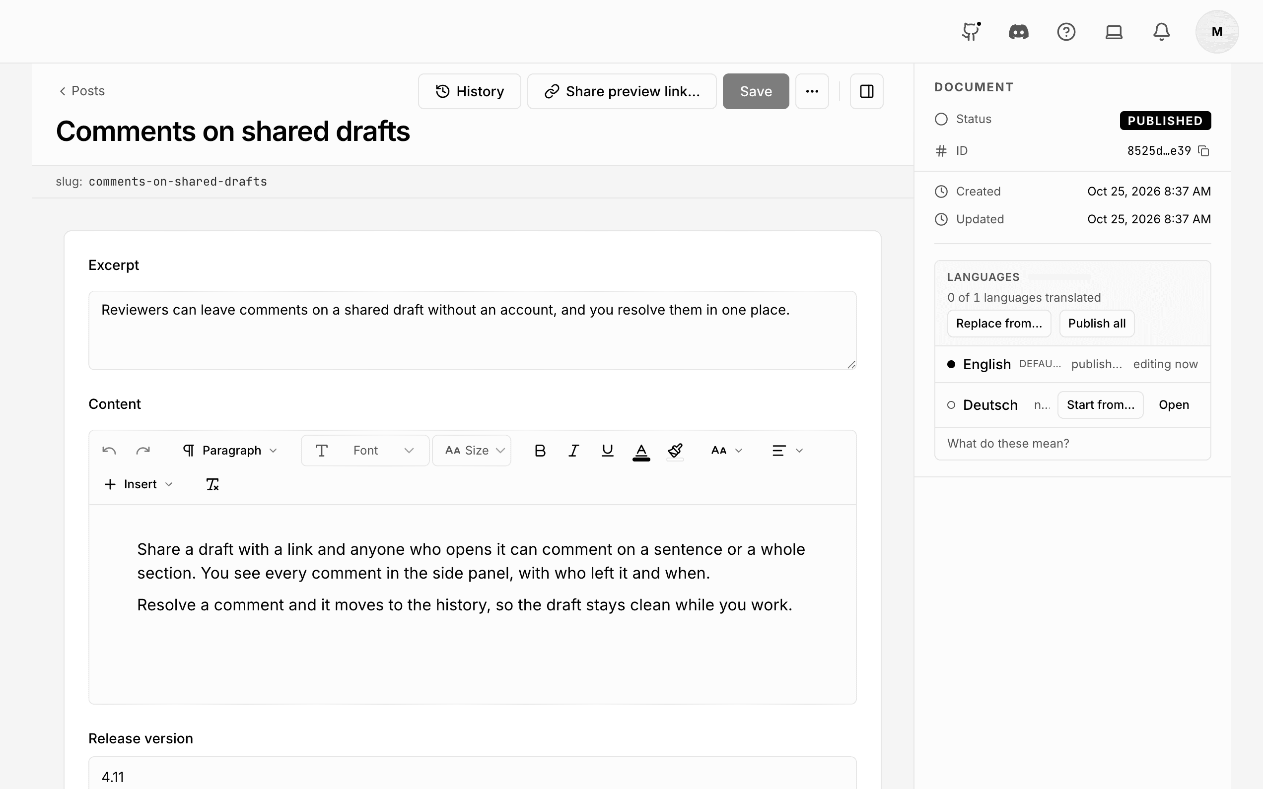 A post open in the entry editor, with its status and its languages in the document panel.