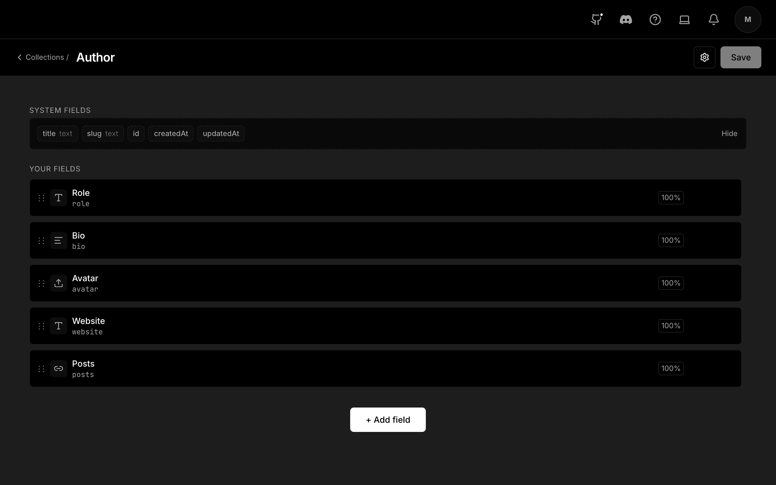 The Author collection in the Visual Schema Builder: its system fields, then its own fields.