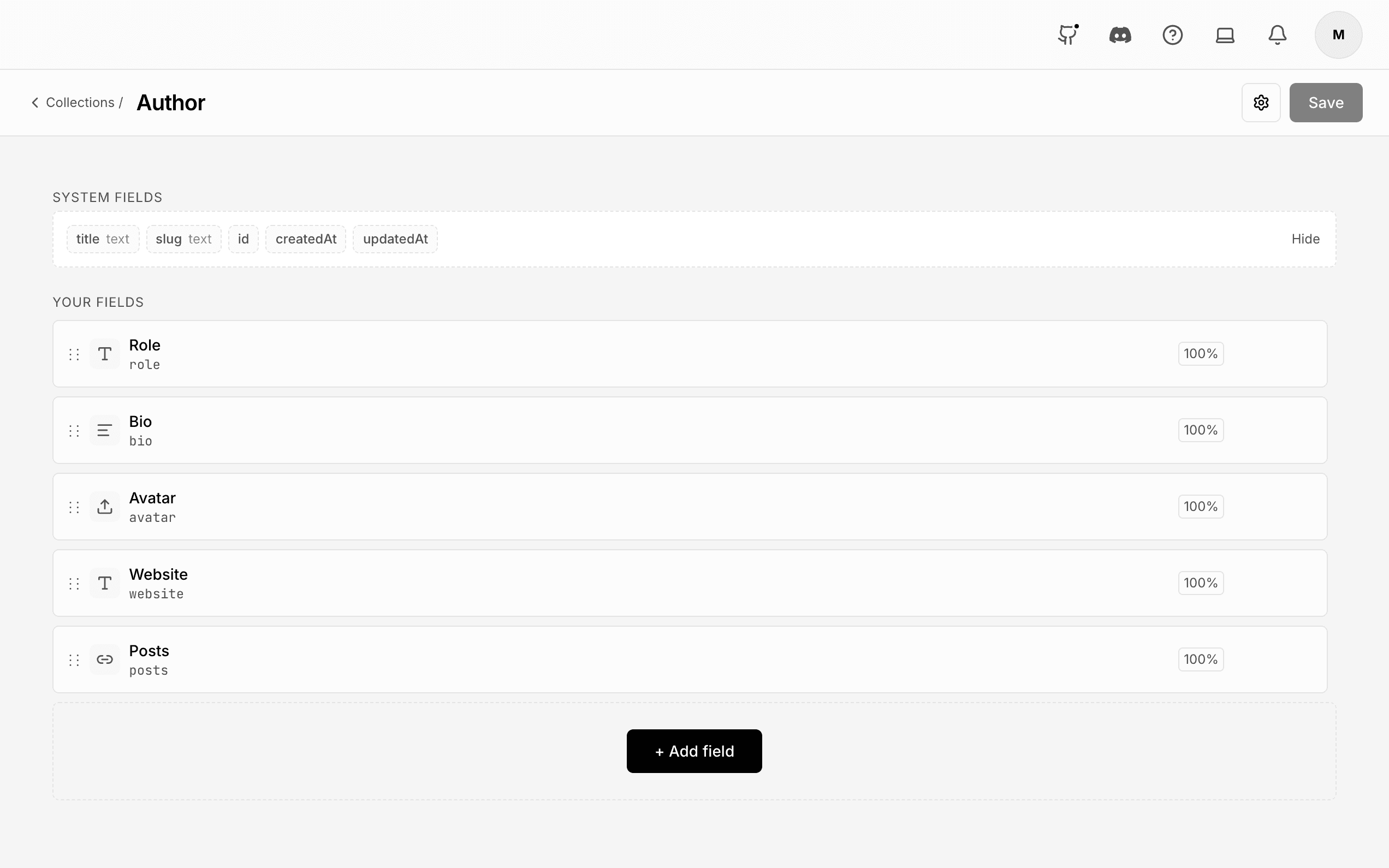 The Author collection in the Visual Schema Builder: its system fields, then its own fields.