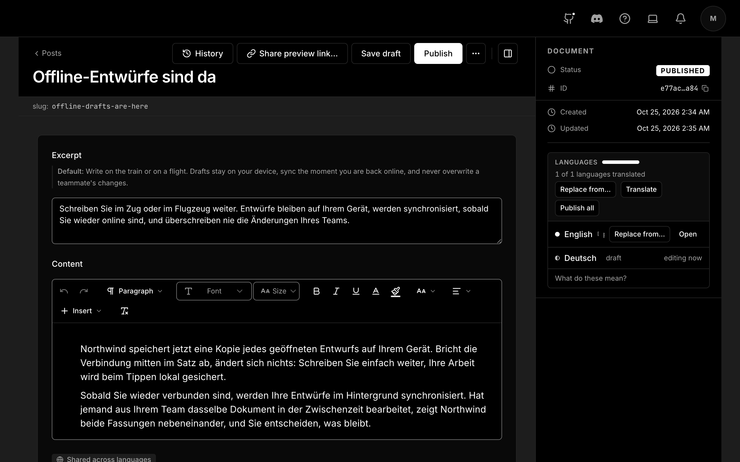 The post open in the entry editor in Deutsch, with the English text above the excerpt and the languages panel showing English published and Deutsch as a draft.