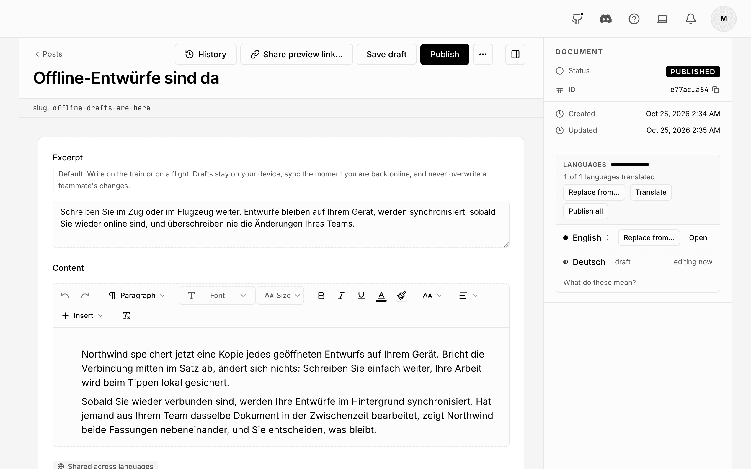 The post open in the entry editor in Deutsch, with the English text above the excerpt and the languages panel showing English published and Deutsch as a draft.