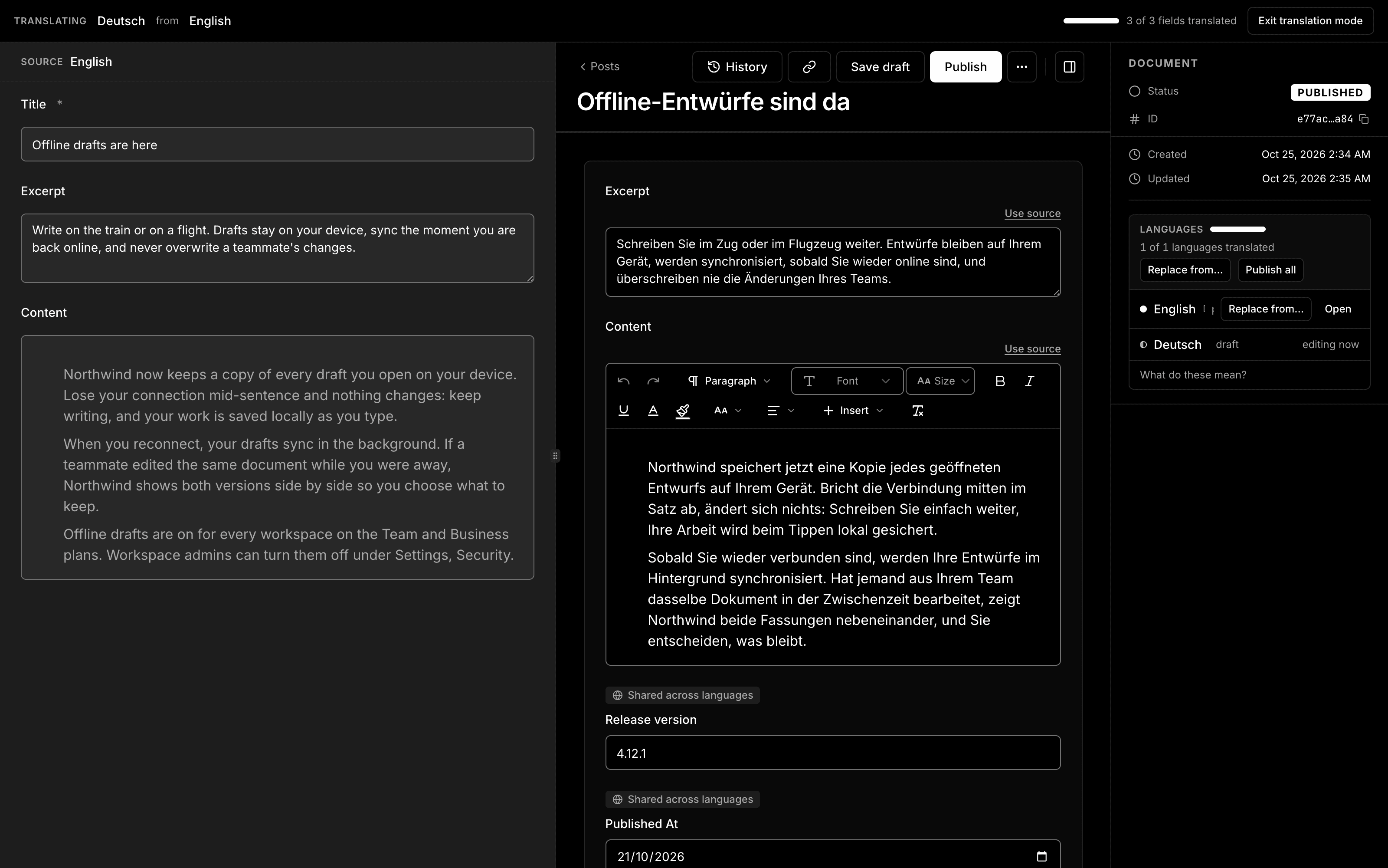 A post being translated into Deutsch from English: the English fields on the left, the German excerpt and content in the middle, and the document's languages on the right.