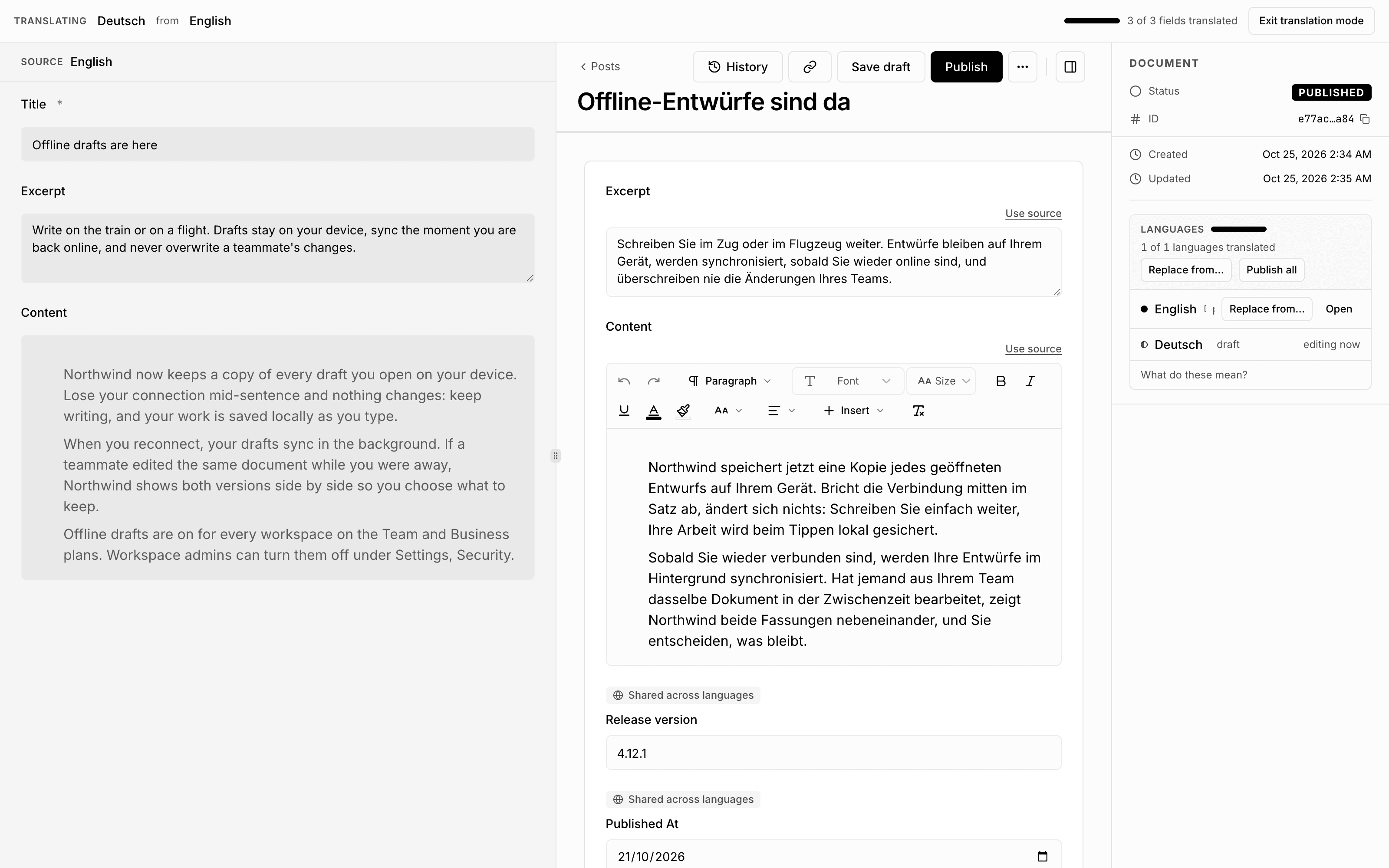 A post being translated into Deutsch from English: the English fields on the left, the German excerpt and content in the middle, and the document's languages on the right.