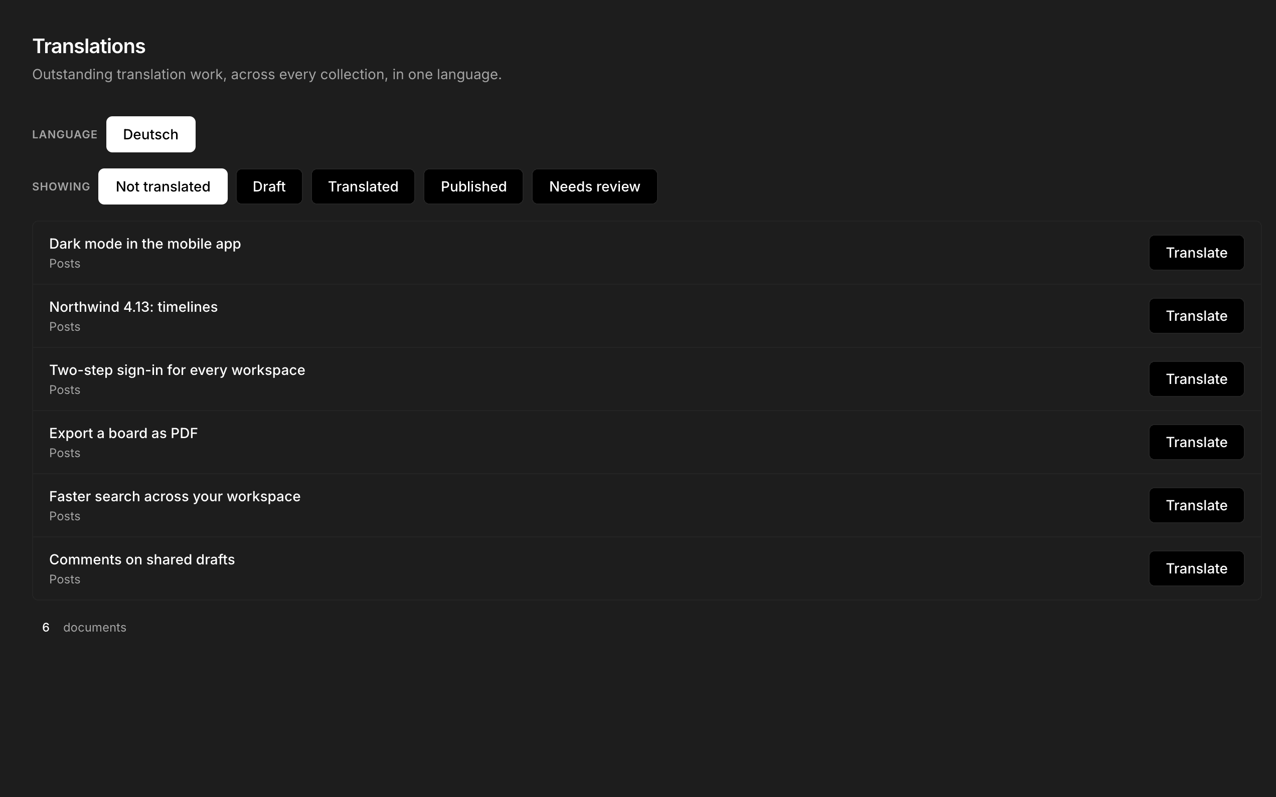 The translation worklist for Deutsch: the posts not yet translated, with filters for each status.