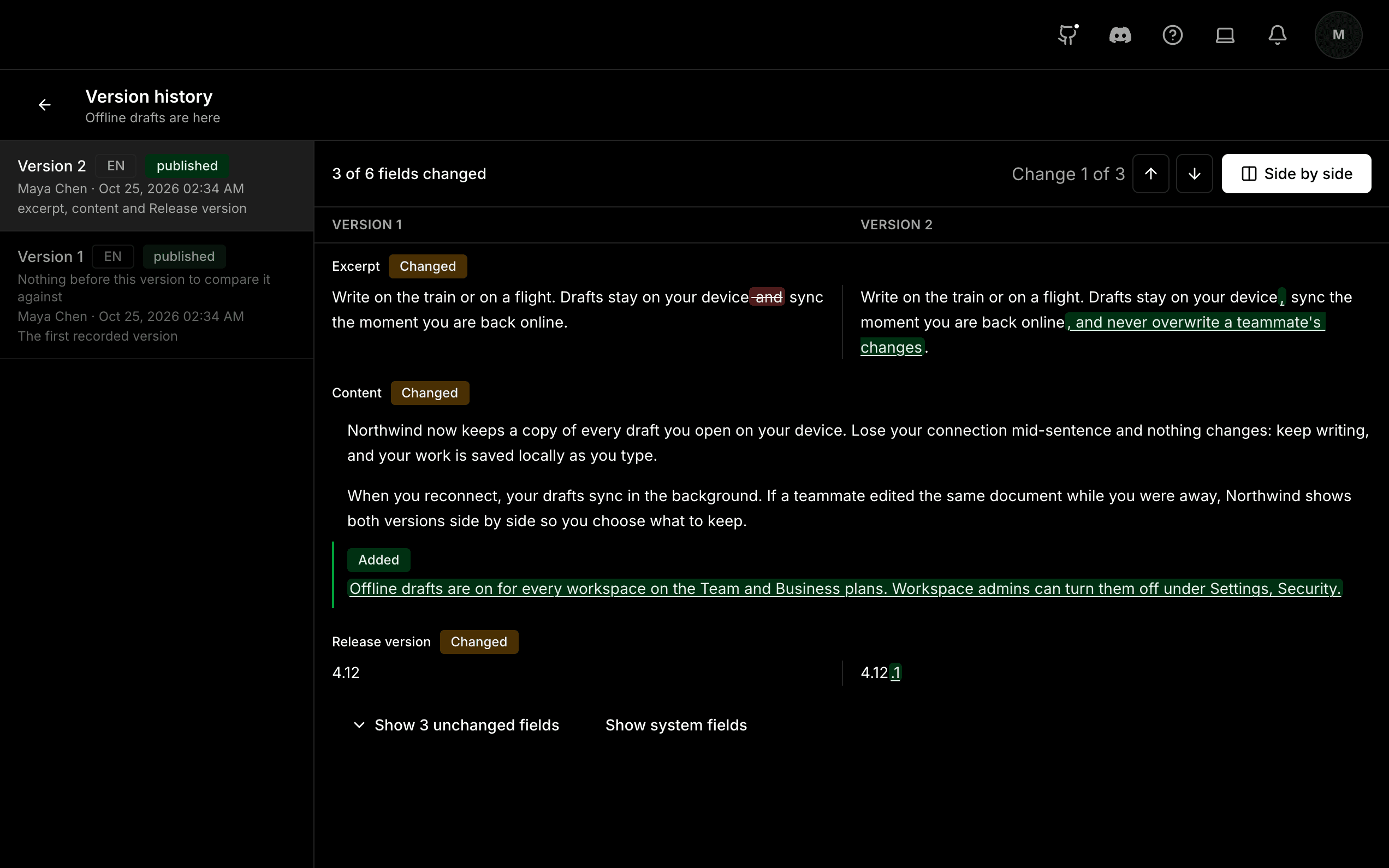 Two versions of a post compared side by side, showing only the three fields that changed: the excerpt, an added paragraph and the release version.