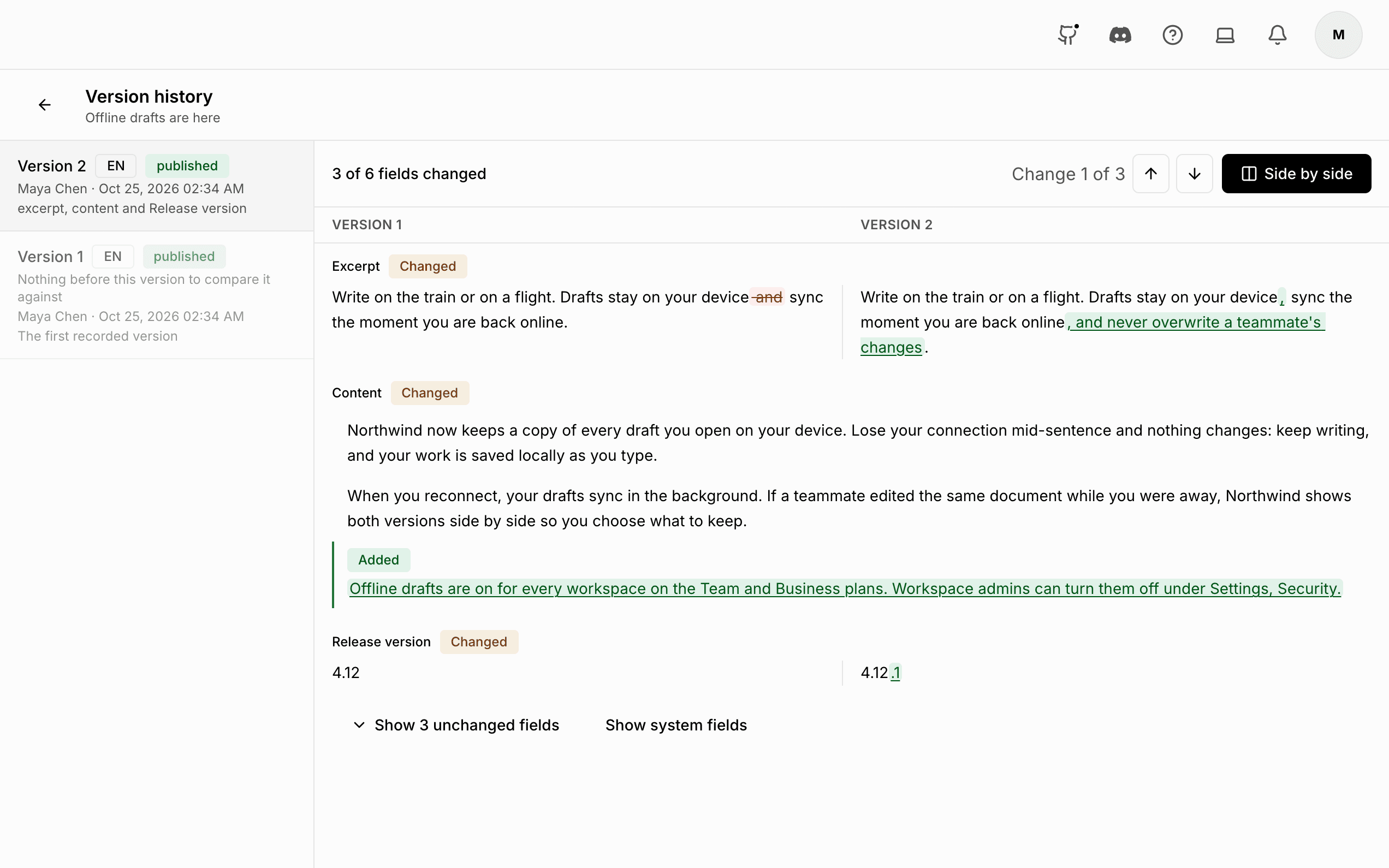 Two versions of a post compared side by side, showing only the three fields that changed: the excerpt, an added paragraph and the release version.
